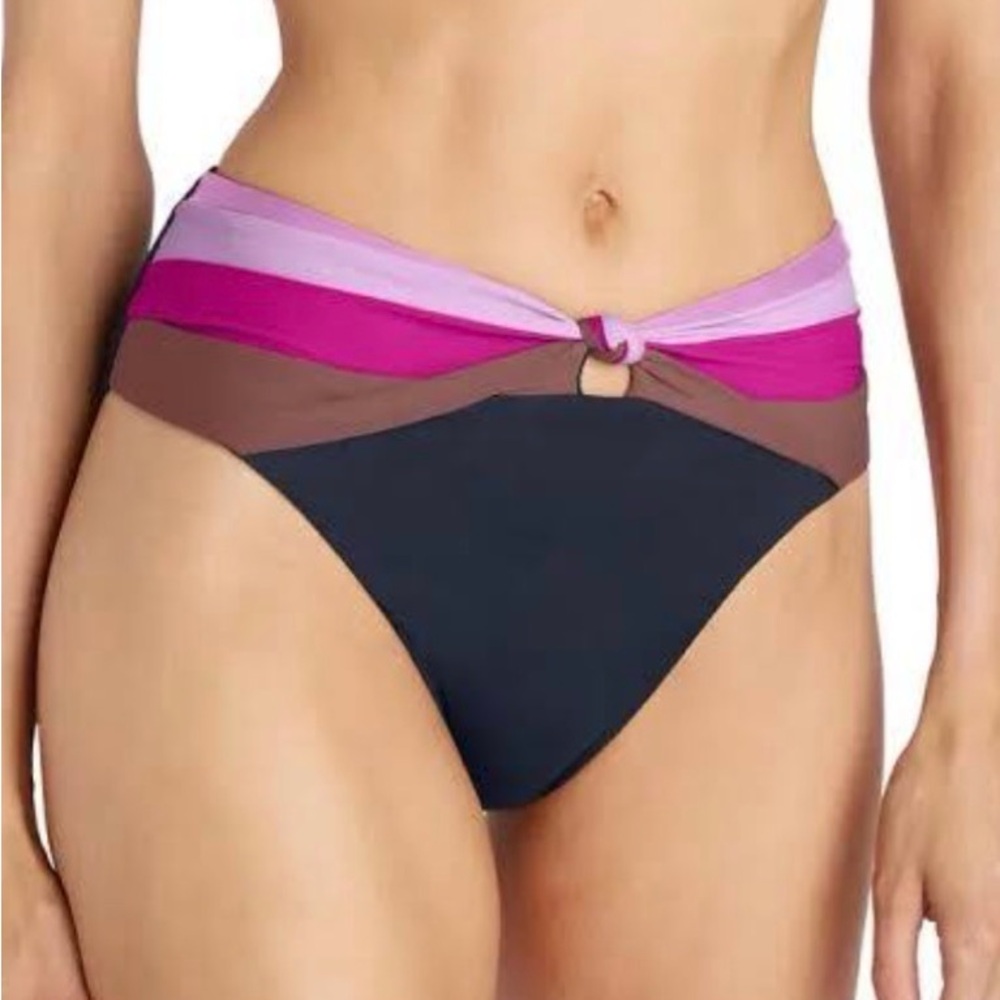 Robin Piccone High-Waist Bikini Bottom ONLY in Navy with Magenta & Brown Bands